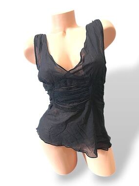 Vintage 90’s Studio M Black Sheer V Neck Ruched Camisole sz M Silk NWOT